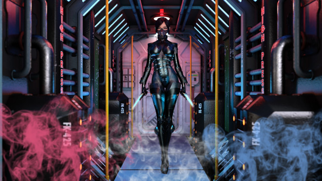 Обои картинки фото 3д графика, фантазия , fantasy, дым, маска, униформа, взгляд, фон, девушка