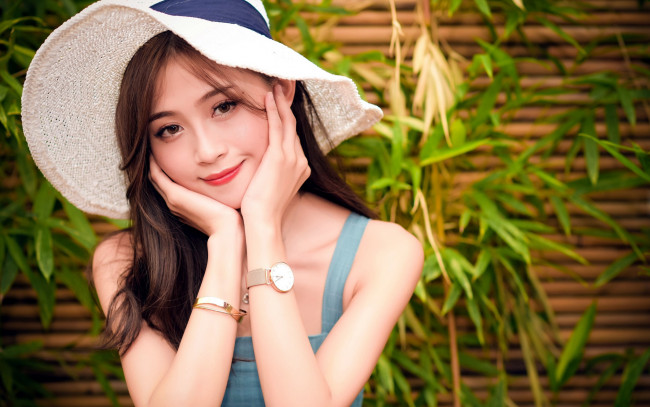 Обои картинки фото девушки, - азиатки, шляпка, поза