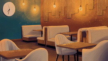 Картинка рисованное -+другое кафе столы диваны кресла часы