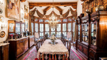 обоя интерьер, столовая, стол, стулья, люстра, букет