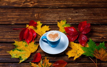 Картинка еда кофе +кофейные+зёрна листья кленовые чашка