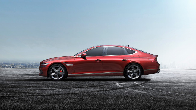 Обои картинки фото genesis g80 sport, автомобили, genesis, красный, площадка