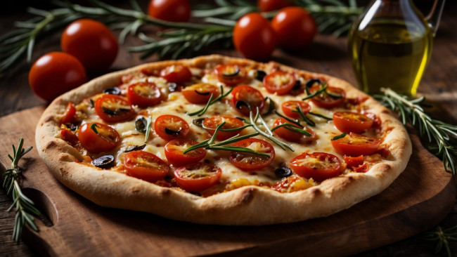 Обои картинки фото еда, пицца, помидоры, масло, розмарин