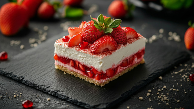 Обои картинки фото еда, пирожные,  кексы,  печенье, пирожное, клубника, зерна, гранат