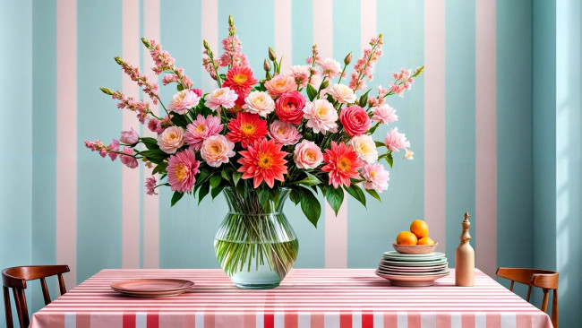 Обои картинки фото рисованное, цветы, букет, стол, стулья, тарелки, апельсины