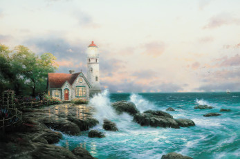 обоя рисованное, thomas kinkade, дом, маяк, деревья, забор, камни, море, волны, прибой