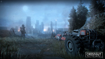 обоя видео игры, crossout, техника, машины, город, завод, человек
