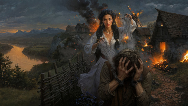 Обои картинки фото фэнтези, маги,  волшебники, девушка, с, помощью, магии, сделала, из, мужчины, марионетку