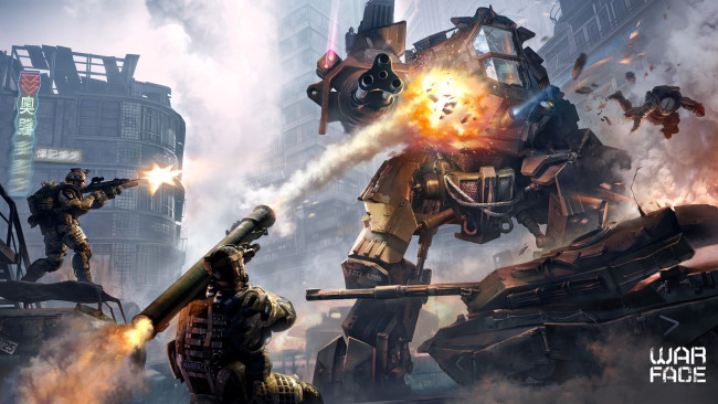 Обои картинки фото видео игры, warface, солдаты, оружие, бой, танк, робот, город