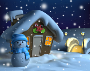 Картинка праздничные 3д+графика+ новый+год дом снеговик