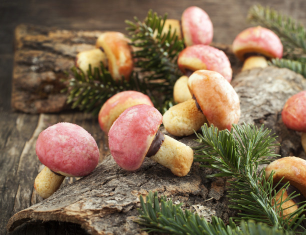 Обои картинки фото еда, пирожные,  кексы,  печенье, грибочки, елка, печенье