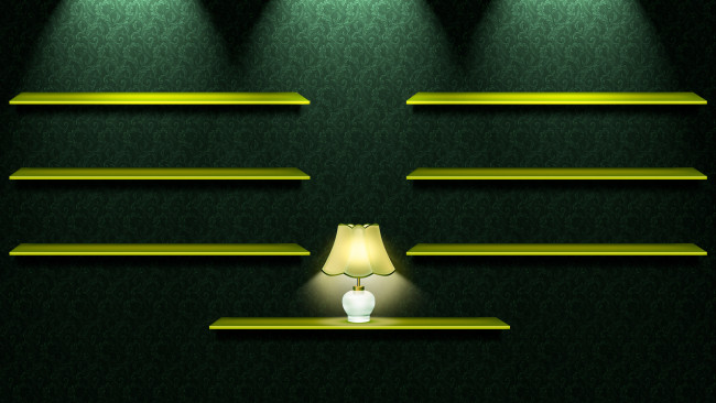 Обои картинки фото 3д графика, realism , реализм, лампа, зеленый, обои, полки