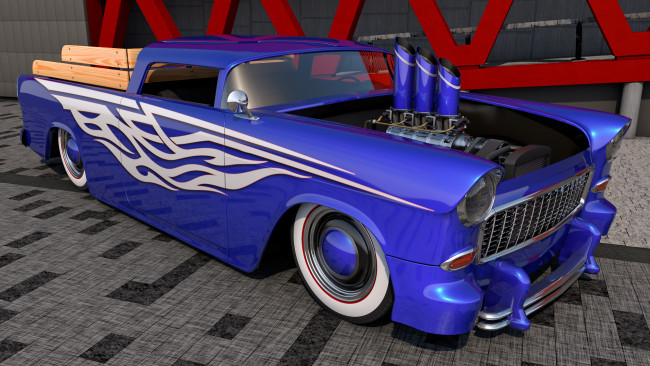 Обои картинки фото автомобили, 3д, 1955, chevrolet, bel, air, nomad, custom