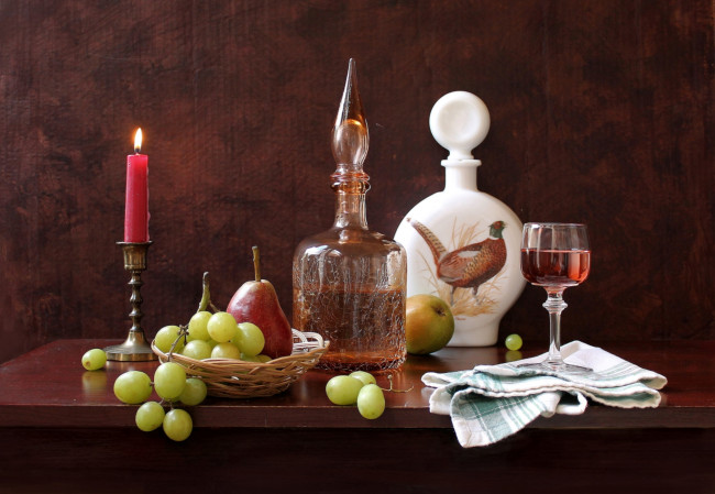 Обои картинки фото еда, натюрморт, свеча, виноград, груши