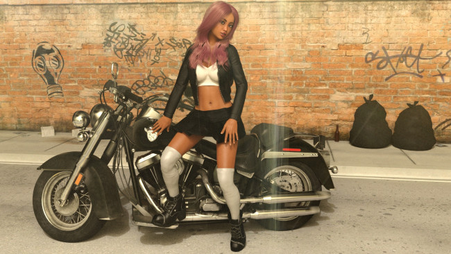 Обои картинки фото 3д графика, люди-авто, мото , people- car ,  moto, мотоцикл, взгляд, фон, девушка