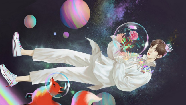 Обои картинки фото рисованное, кино,  мультфильмы, сун, цзиян, китайский, актёр, роза, космос, лиса, планеты, арт, маленький, принц