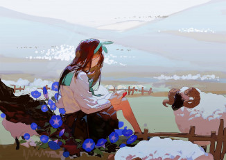 Картинка аниме животные +существа девочка цветы бараны