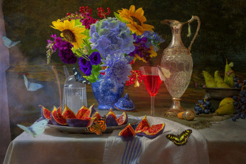 Картинка еда натюрморт букет графин инжир груши наливка