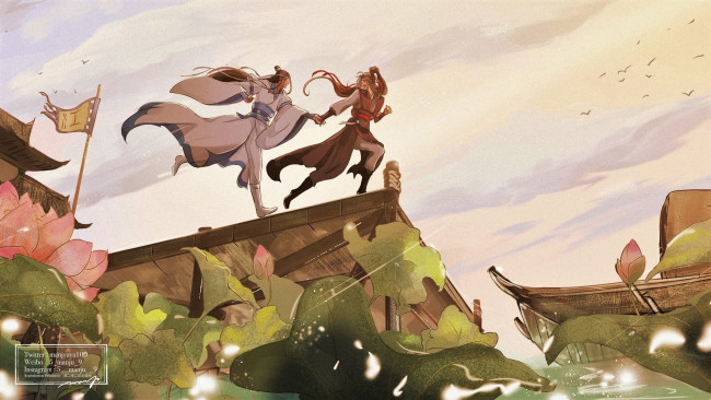 Обои картинки фото аниме, mo dao zu shi, вэй, усянь, лань, ванцзы, пристань, лотосы