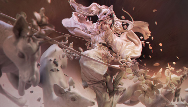 Обои картинки фото фэнтези, девушки, девушка, лук, цветы, олени