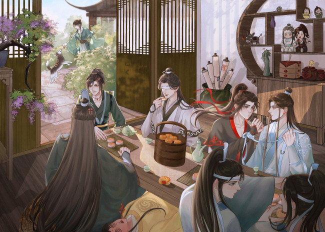 Обои картинки фото аниме, mo dao zu shi, магистр, дьявольского, культа, а, цин, сюэ, ян, сун, лань, сяо, синчень, чжань, вэй, ин, усянь, ванцзи, цзинь, лин, печенье, стол, сычжуй, цзинъи