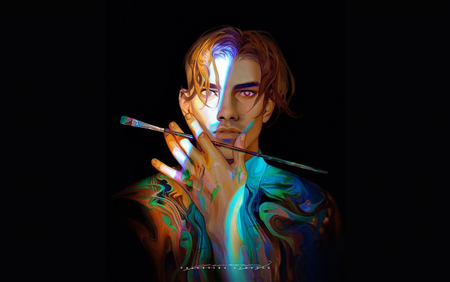 Обои картинки фото рисованное, valentina remenar, парень, краски, художник, кисть
