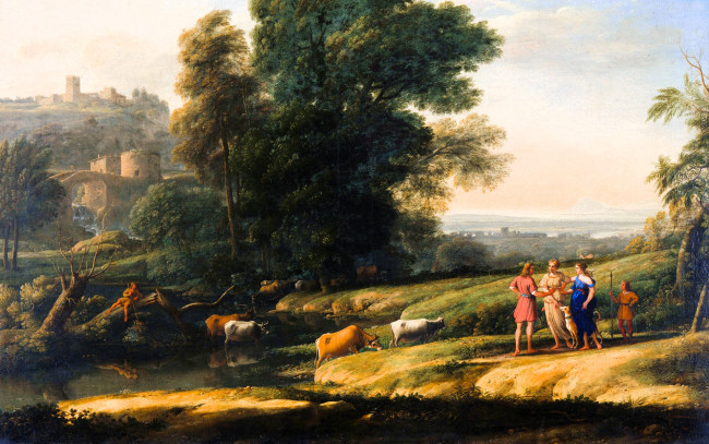 Обои картинки фото рисованное, claude lorrain, люди, коровы, река, деревья, крепость