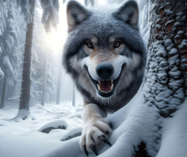 Картинка 3д+графика животные+ animals волк голова лапа лес деревья снег зима