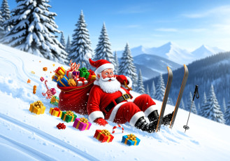 обоя праздничные, дед мороз,  санта клаус, санта, клаус, лыжи, снег, подарки, мешок