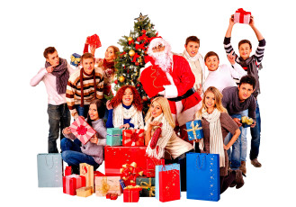 обоя праздничные, дед мороз,  санта клаус, санта, клаус, люди, подарки, ёлка