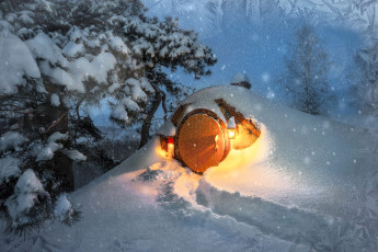 Картинка 3д+графика фантазия+ fantasy снег лес зима деревья домик фонари сугроб дорожка