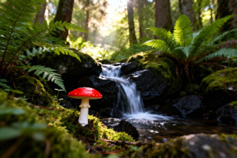 обоя 3д графика, природа , nature, лес, деревья, папоротник, камни, ручей, гриб, мухомор