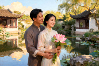 обоя рисованное, люди, пара, любовь, лотосы, озеро, дома