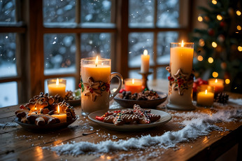 обоя праздничные, угощения, свечи, тарелки, пряники, стол, ёлка, снег, окно