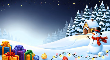 обоя праздничные, снеговики, ёлки, домик, снеговик, снег, подарки, гирлянда, звезды