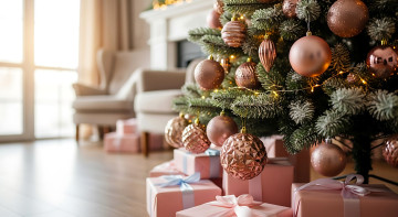 обоя праздничные, ёлки, ёлка, украшения, подарки, кресла, камин