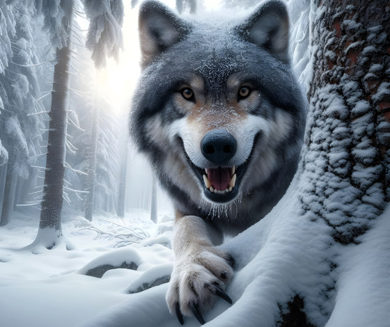 Обои картинки фото 3д графика, животные , animals, волк, голова, лапа, лес, деревья, снег, зима