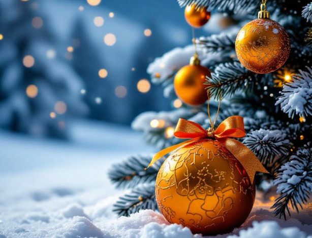 Обои картинки фото праздничные, украшения, ёлка, шары, снег, зима, блики
