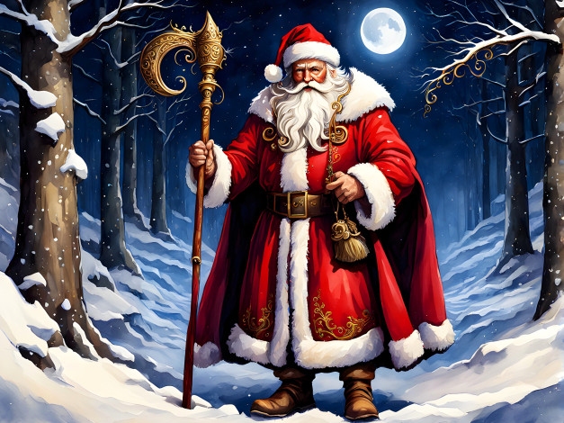 Обои картинки фото праздничные, дед мороз,  санта клаус, дед, мороз, посох, луна, лес, снег