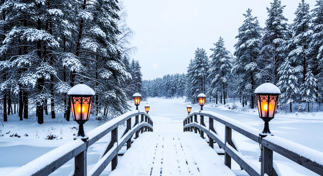 Обои картинки фото 3д графика, природа , nature, лес, снег, зима, дорога, мост, фонари