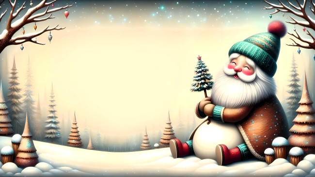 Обои картинки фото праздничные, дед мороз,  санта клаус, дед, мороз, шапка, ёлки, снег