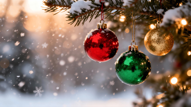 Обои картинки фото праздничные, украшения, ёлка, шарики, снег