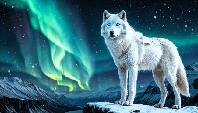 Обои картинки фото 3д графика, животные , animals, волк, белый, скалы, снег, северное, сияние