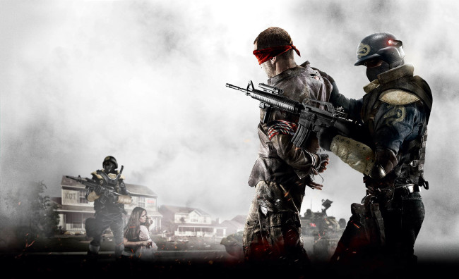 Обои картинки фото видео игры, homefront, люди, оружие, заложники, туман, дома