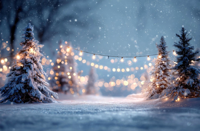 Обои картинки фото праздничные, ёлки, снег, зима, гирлянды, новый, год