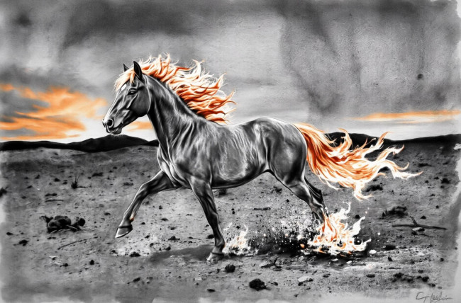 Обои картинки фото рисованное, животные,  лошади, лошадь, огонь, закат, горы, земля