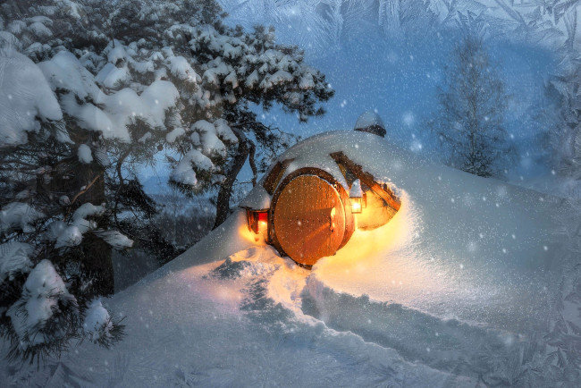 Обои картинки фото 3д графика, фантазия , fantasy, снег, лес, зима, деревья, домик, фонари, сугроб, дорожка