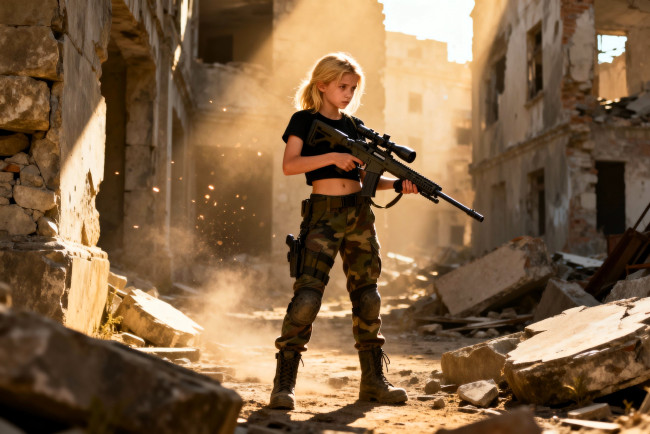 Обои картинки фото 3д графика, люди , people, девочка, блондинка, топ, штаны, берцы, винтовка, развалины