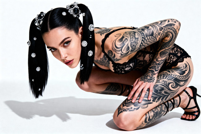 Обои картинки фото 3д графика, люди , people, девушка, брюнетка, украшения, тату, белье, босоножки