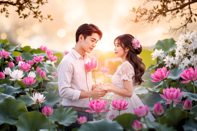 Обои картинки фото 3д графика, люди , people, парень, девушка, любовь, озеро, лотосы, ветки